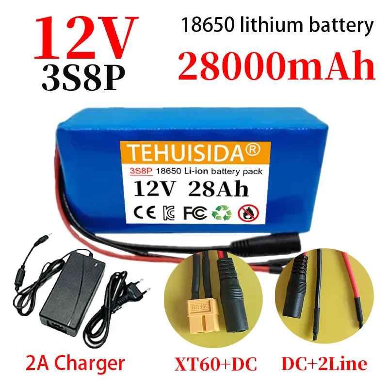 

12V 3S8P 11.1V 28000mAh 18650 Rechargeable Lithium Battery Pack Built-in BMS Circuit Protection Board XT60 DC Connector