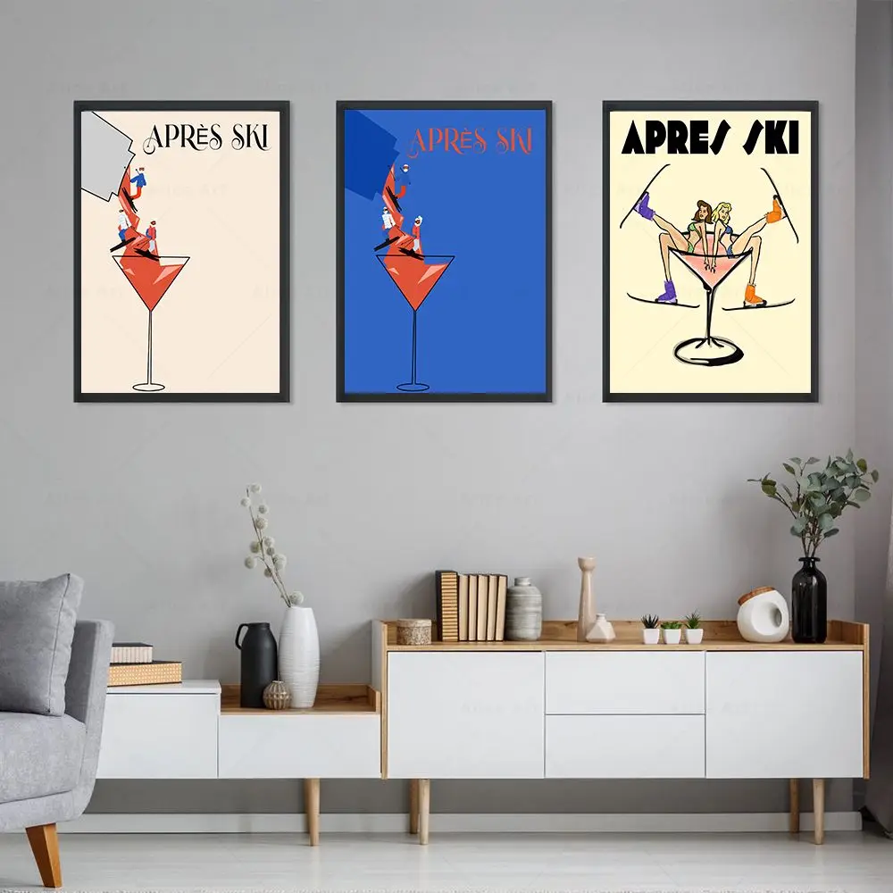 Vintage Aprés Ski Wall Art Apres Skiing Poster Martini Drinking Skier Canvas Painting Winter Sport Print Wall Picture Home Decor