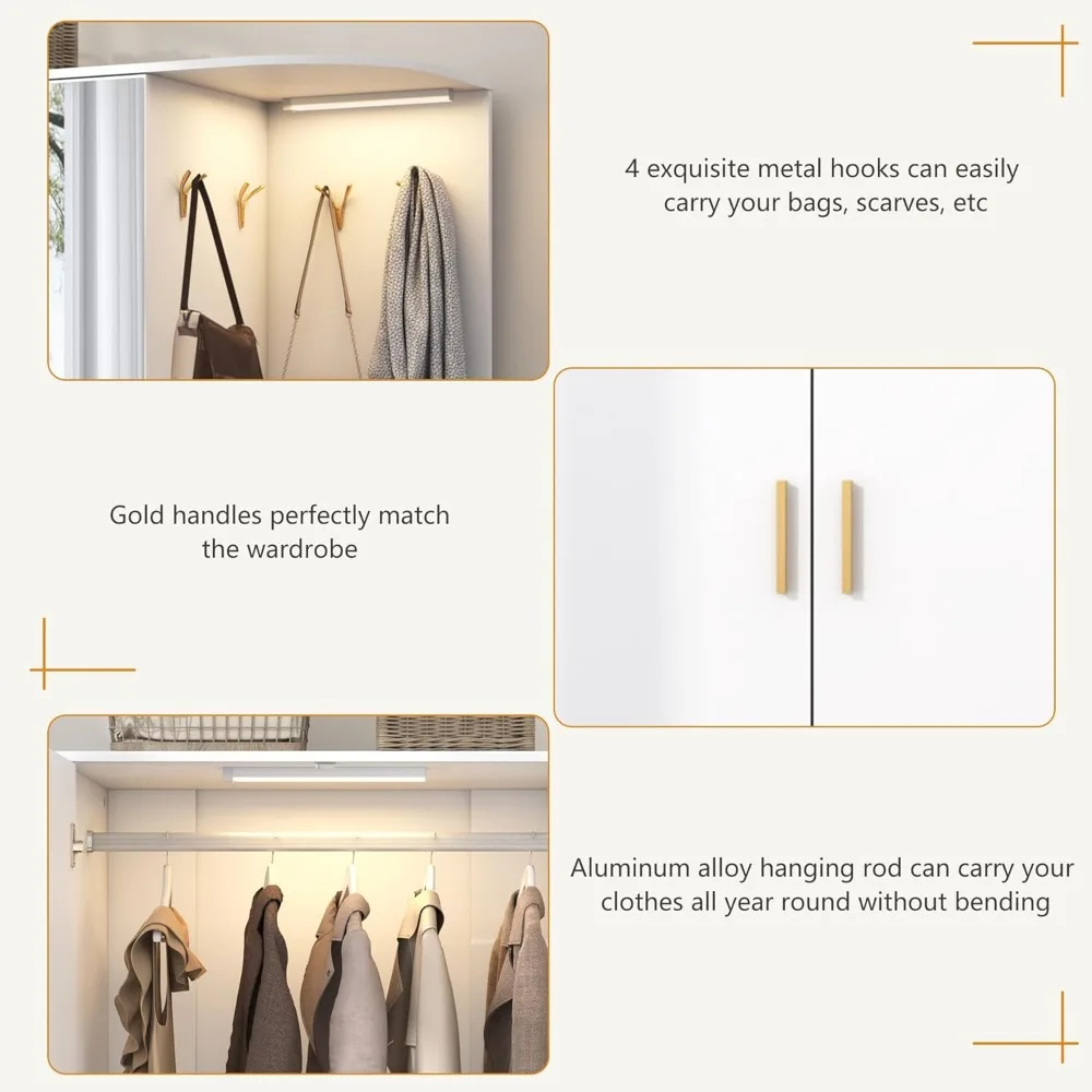 Wardrobe with Mirror and Sensor Light, 5 Doors 2 Drawers, with Shelves, 4 Hooks, 2 Hanging Rails, Open Space