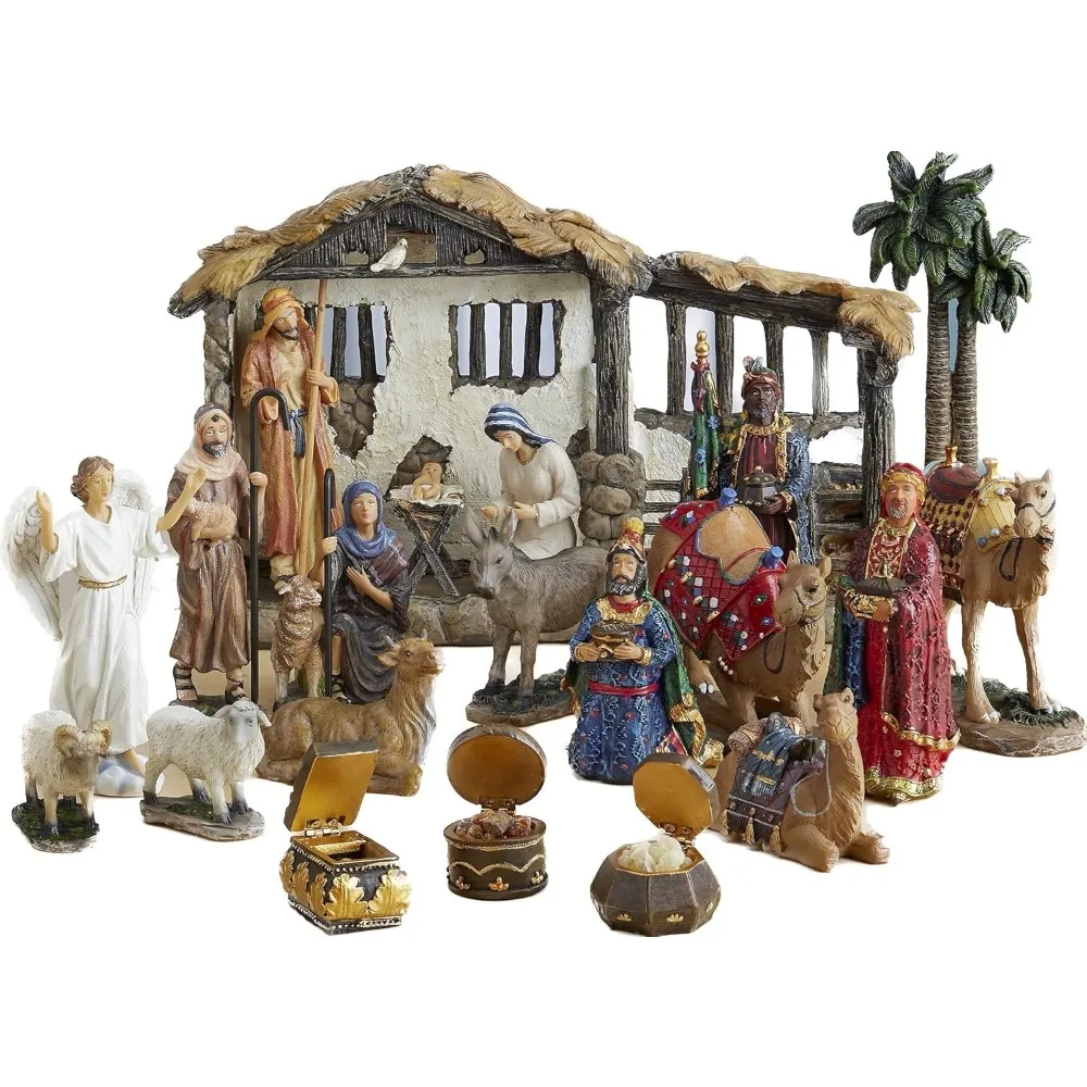 Three Kings Gifts Nativity Set for Christmas Indoor 23 Piece 5 Inch Figures with Lighted Stable, Palm Tree and Chests