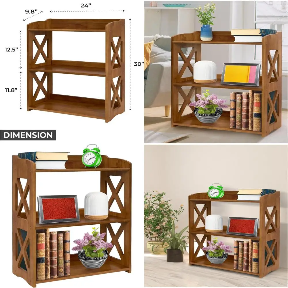 

Brown Bookcase by Natural Wood, 4 Tier Bookshelf, Small Book Shelves Freestanding Display Storage Shelves. Open Bookshelf for Be