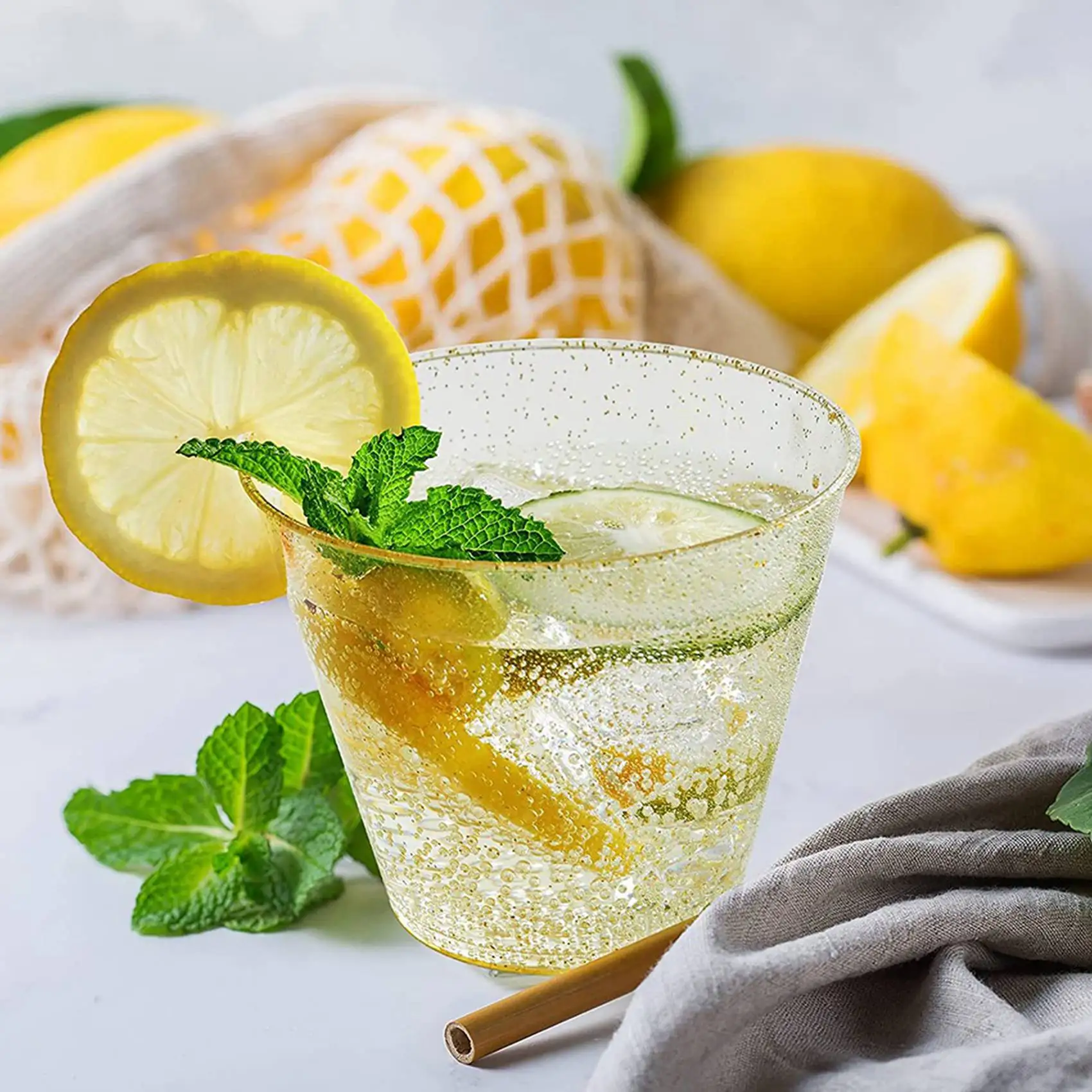 

Gold Plastic Cups Clear Plastic Wine Glasses, Fancy Disposable Hard Plastic Cups With Gold Glitter For Party Cups 50Pcs New