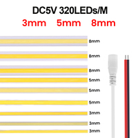 5V 12V COB Strip 3MM 5MM 8MM FOB LED Light Bar 320Leds/M High Density Flexible Ribbon Rope Tape Cabinet Light 3000K 4000K 6000K