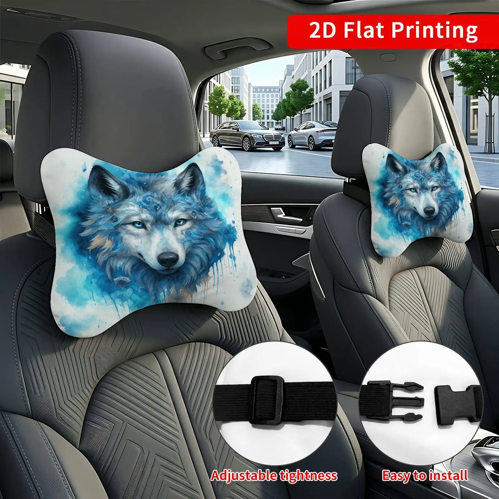 2pcs Wolf Blue Watercolor Car Seat Headrest, Neck Support Cushion, Suitable For All Seasons Of Car Accessories, Wolf Watercolor