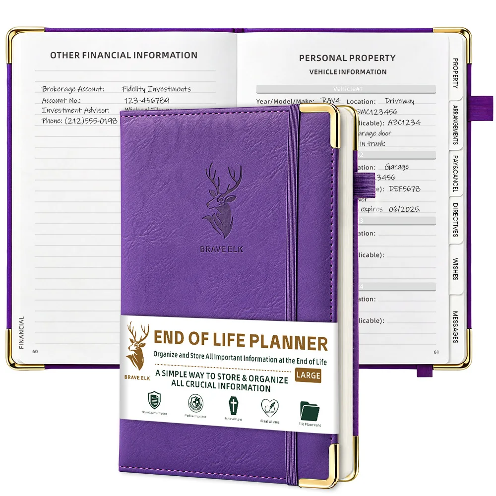 End of Life Planner PU Leather Journal With Pen Holder Elastic Band Protectors Estate & Funeral Planning Notebook