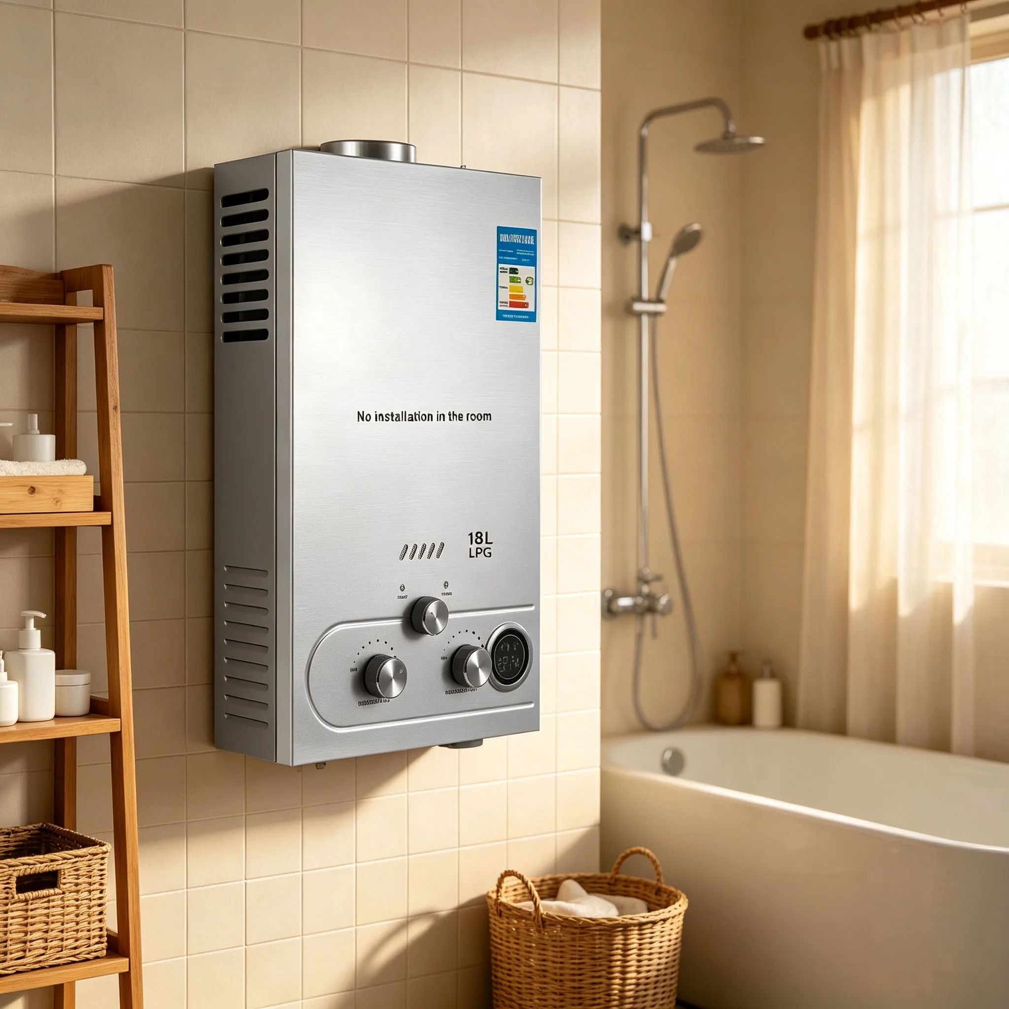 6L 8L 10L 12L 16L 18L Warmwasserbereiter, sofortiger Gasboiler mit LED-Anzeige, Bedienknöpfen, Überhitzungsschutz und 24-Stunden-Wasserversorgung, energieeffizient für das Badezimmer zu Hause.