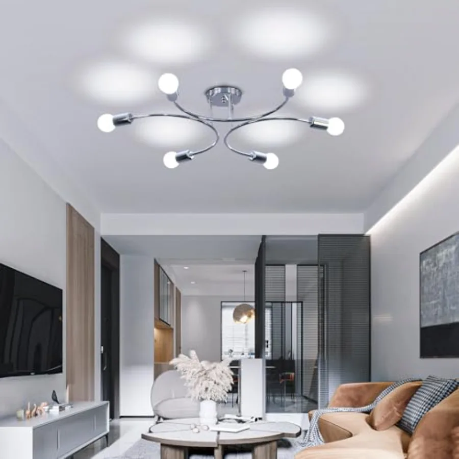 6-Light Sputnik Chandelier Sliver Mid-Century Modern Semi Flush Mount Ceiling Light Metal Fixture with E26 Sockets for Bedroom