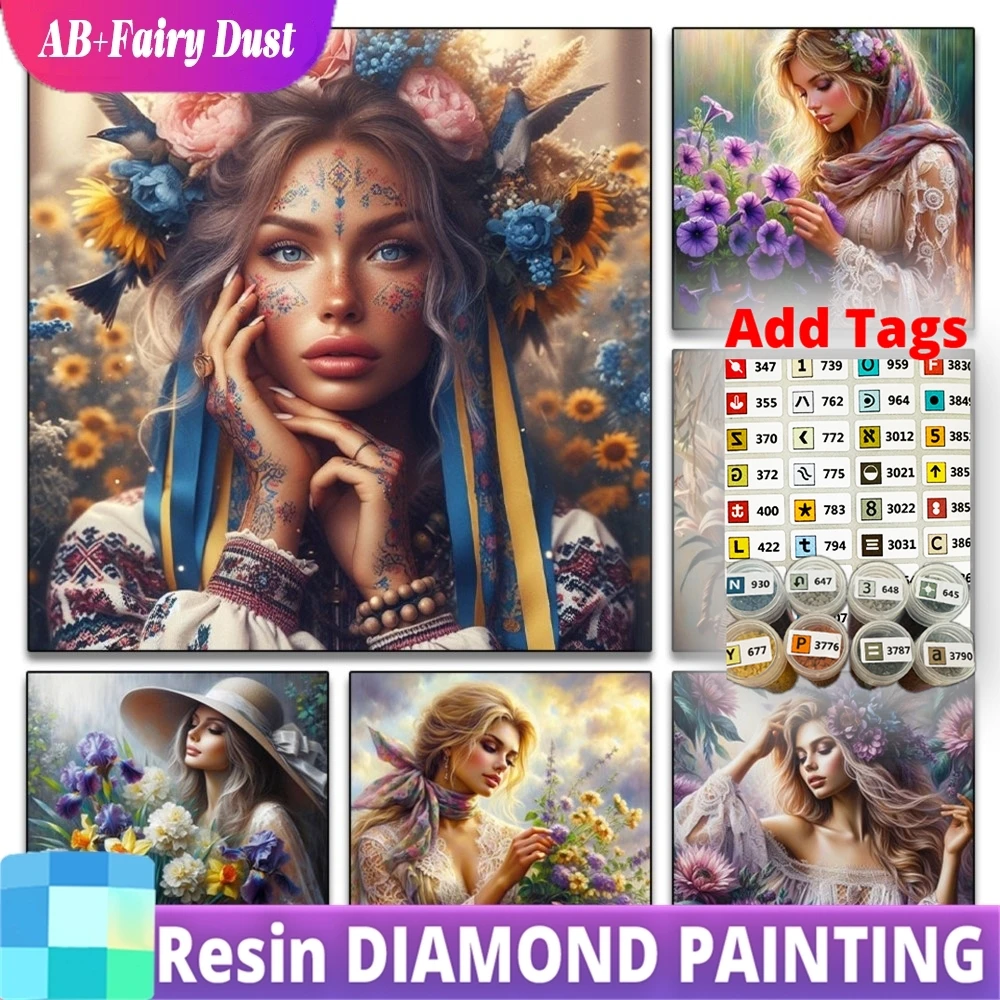 

Resin Fairy Dust AB Elegant Woman With Floral Diamond Painting Kit 5D Full Square Drill Embroidery Cross Stitch Mosaic Craft Gif