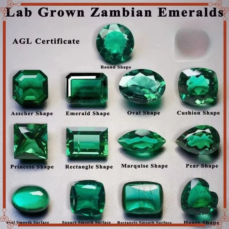 Lab Grown Zambian Emeralds Hydrothermal Hand Cutting Selectable Certificate Multiple Shapes with Cracks Inclusions Inside