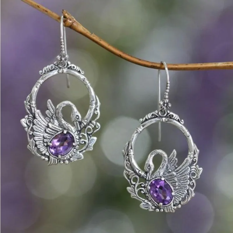 

Luxury Charm Silver Color Round Swan Purple Stone Dangle Earrings for Women Fashion Geometry Engagement Wedding Earrings