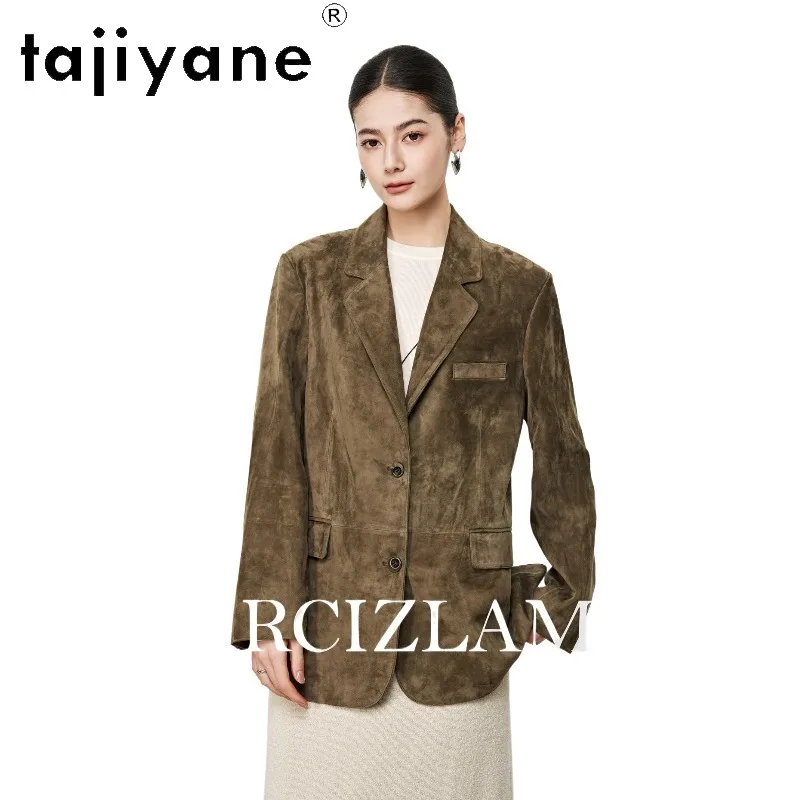 TAJIYANE Genuine Leather Jacket Woman Mixed Goatskin Suede Blazer Retro Leather Trench Coat Mid Length Jackets for Woman Jaqueta