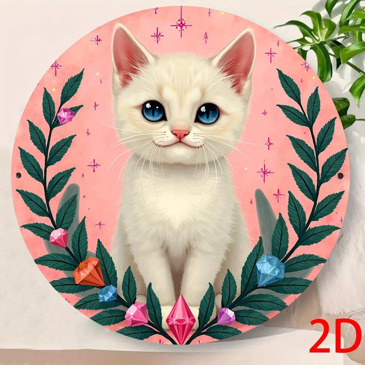 2D, un solo gatito colorido con ojos azules, un clásico letrero redondo de madera para decoración del hogar, decoración de placa rústica, adecuado para Cott