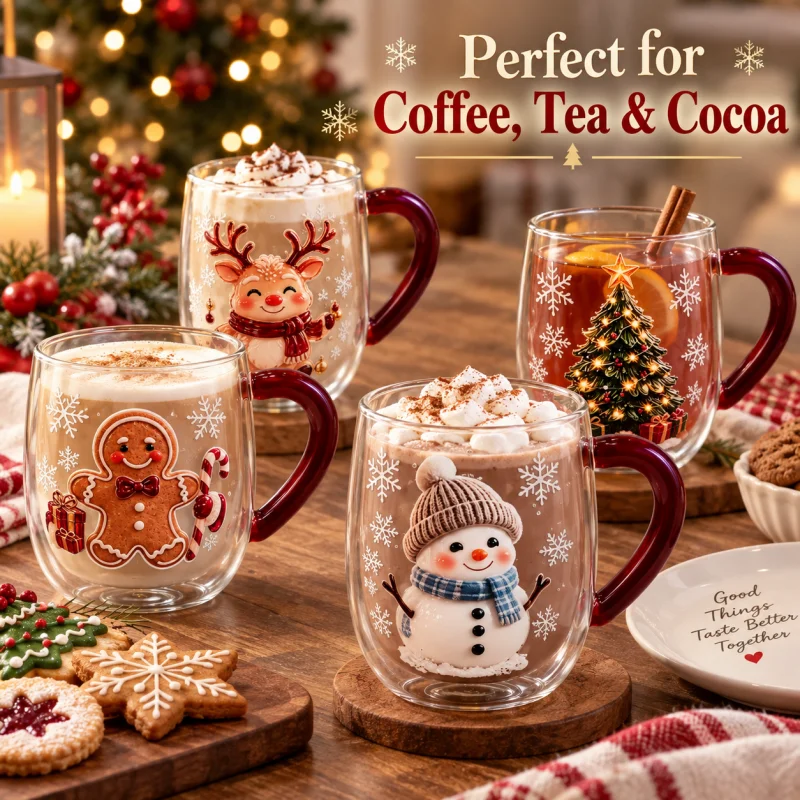 Cute Christmas Glass Coffee Mug Reindeer Gingerbread Snowman Tree Pattern Sticker Cup Winter Holiday Gift Drinkware