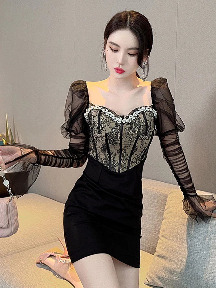 Vestidos de festa elegantes do vintage das mulheres senhora sexy luxo diamantes renda malha ver throngh manga longa vestido curto clube vestidos de baile