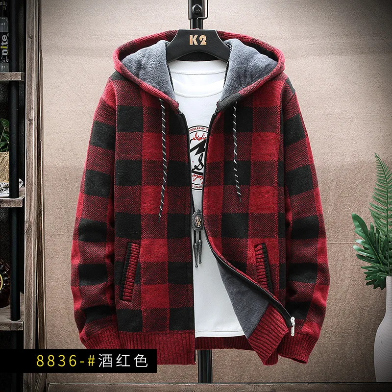 

Plaid Hooded Cardigan Men Clothing V Neck Sweater Men Cardigen Retro Clothes Hip Hop Knitwear 4XL 2021 Autumn Winter New