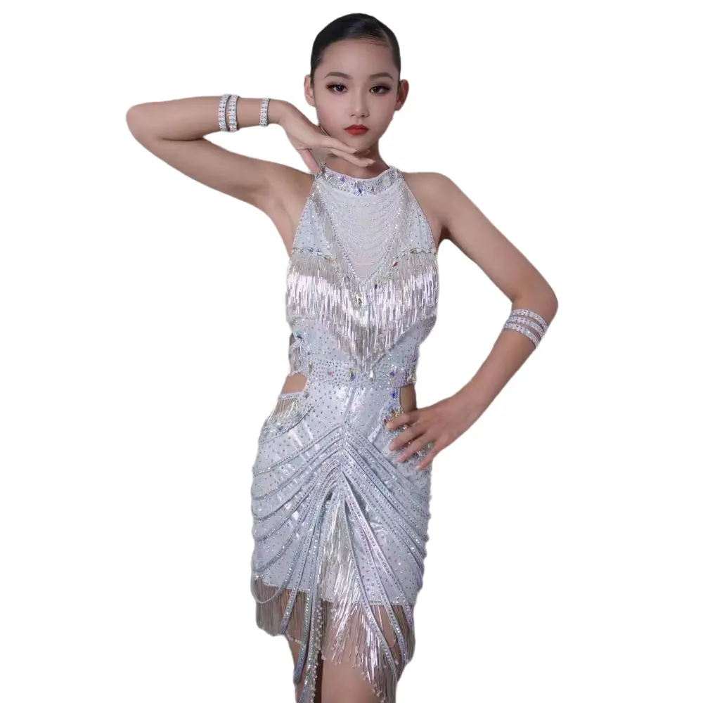 Latin Dance International Stage Women's High-end Custom Leather Silver Chain Samba Rhinestone Performance Costume Dress