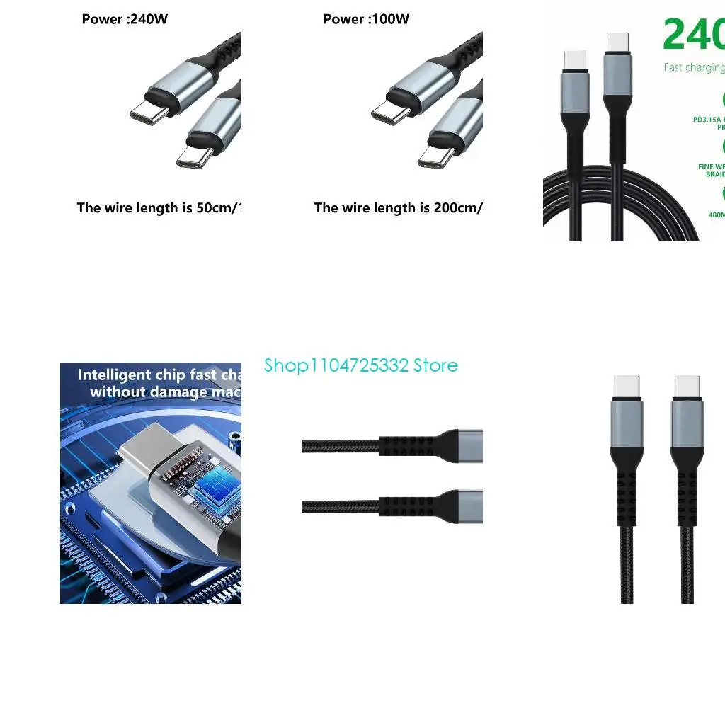 P5EA 100/240W USB C to USB C Cable USB C 480Mbps USB C to USB C Nylon Braided Fast Charging Cord for Phone Tablet Headphone