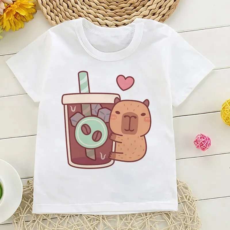 Children\'s Clothing Girls Elementary White Cartoon Capybara Birthday T-Shirt for Boys Short Sleeve Korean Fashion Kids Tee Tops