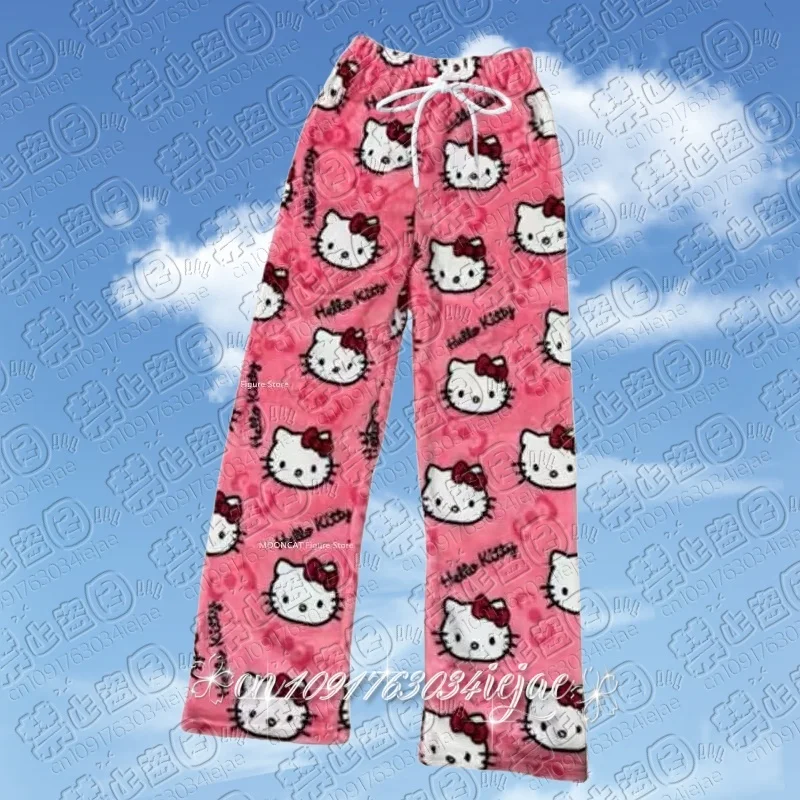 سانريو مرحبا كيتي بنطلون بيجاما أنيمي الصوف مزدوجة نسيج مرن لينة بنطلون المرأة الجديدة بنطلون Kawaii الكرتون هدية عيد ميلاد
