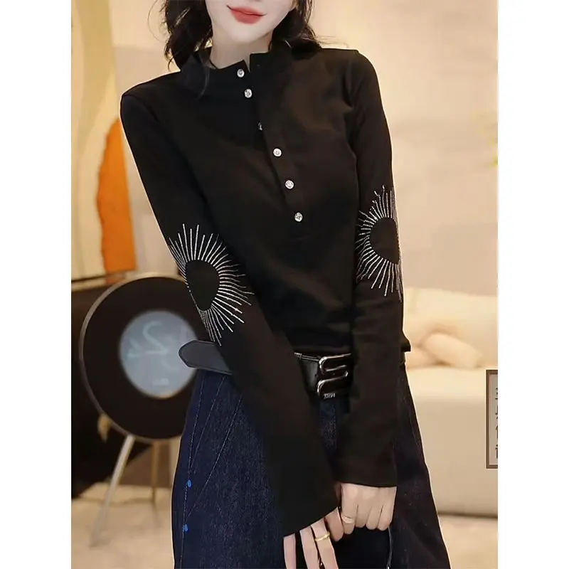 

Женская одежда, осенне-зимние новые универсальные топы с длинным рукавом и тонким принтом, молодежные винтажные футболки на пуговицах, модные повседневные футболки