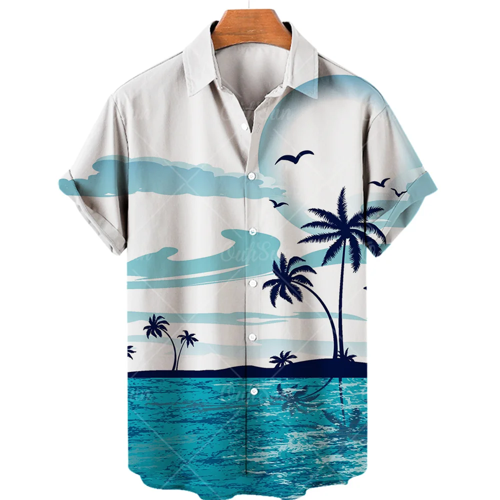 Coconut Tree Printed Hawaiian Shirt Simple Summer Style Beach Shirts Men\'s Seaside Quick Drying Short Sleeve Top Casual Men Wear