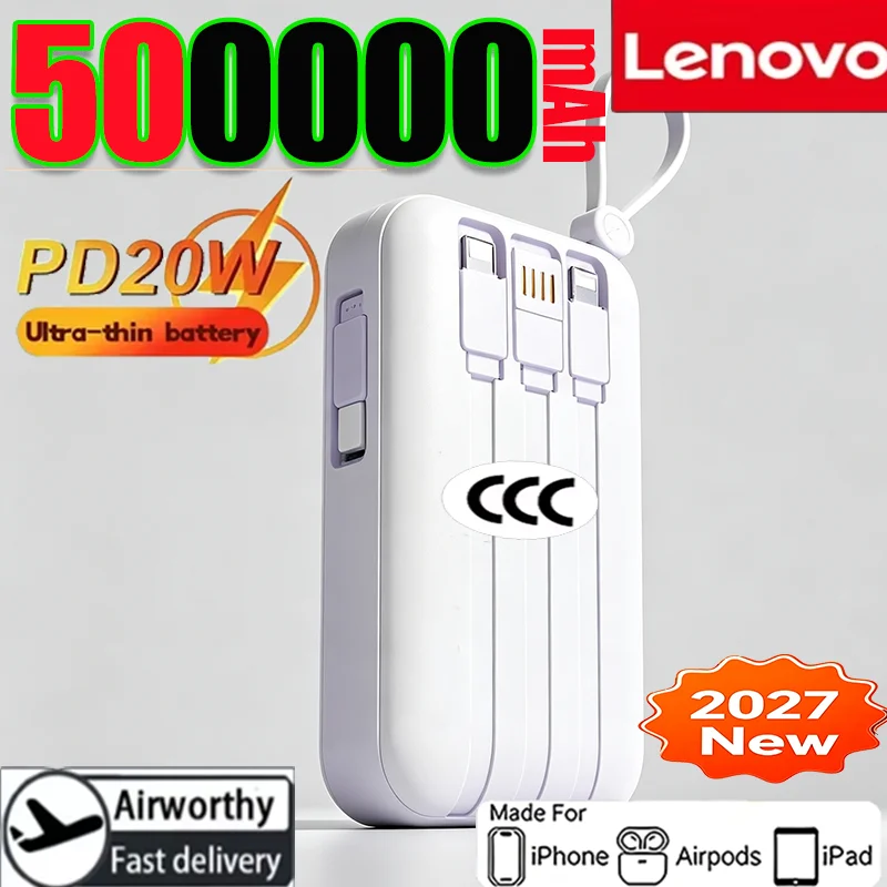 Lenovo 500000mAh Mini Battery Pack Powerbank with 4 Built-in Cables Fast Charging Spare Battery Power Bank For Xiaomi iPhone