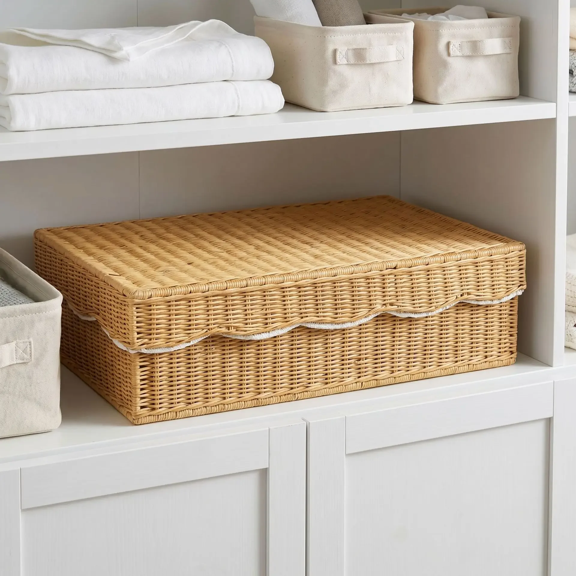 Rattan Storage Box With Lid Wave Edge Decorative Woven Organizer Closet Clothes Sundries Storage Basket