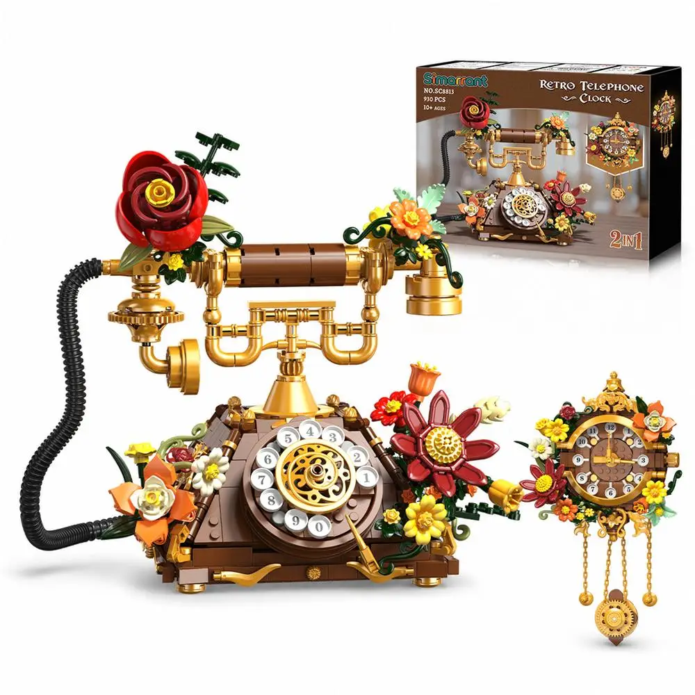 INSOON Flowers Retro Telephone Clock Building Set 2 in 1 Collectible Vintage Phone Model Building Block Kit with Realistic Design 882PCS Home Office Decor Christmas Birthday Gift for Adults Teens Girls Boys 12+