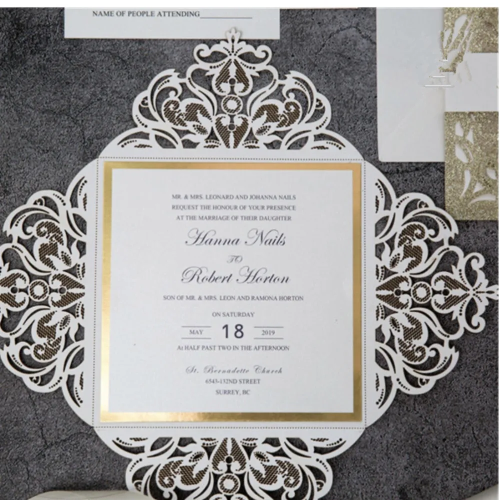 Elegant Laser Cut Square Paper Wedding Invitation Card Custom Printing Vintage Invitations Sample