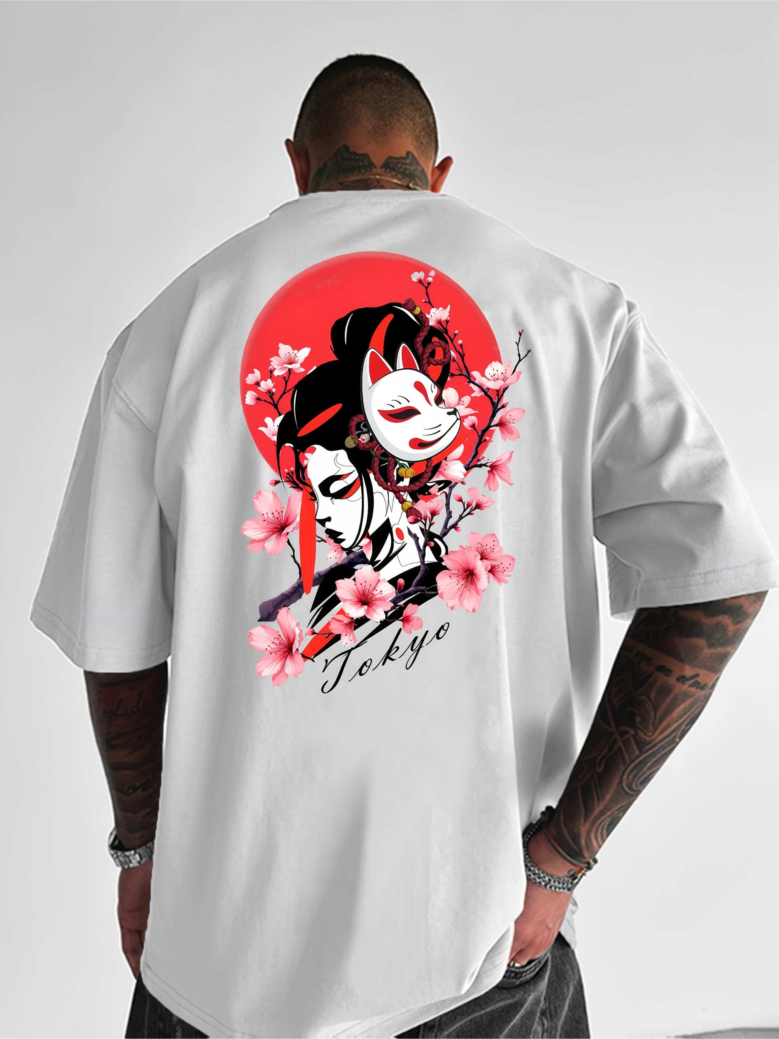 Herren Sommer T-Shirt mit japanischem Fuchsmuster, locker geschnitten, geeignet für Sommersport und Freizeitkleidung, 100% reine Baumwolle, weiches Material