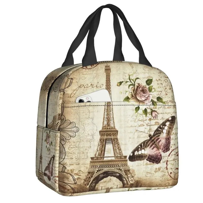 France Paris Eiffel Tower Thermal Insulated Lunch Bag Flower Pink Portable Lunch for Work School Travel Multifunction Food Box