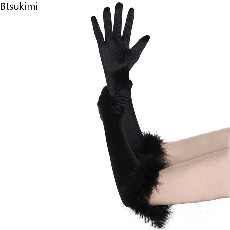 Women Feather Velvet Warm Long Gloves Elegant Etiquette Black Elasticity Retro Style Satin Glove Banquet Party Dress Accessories