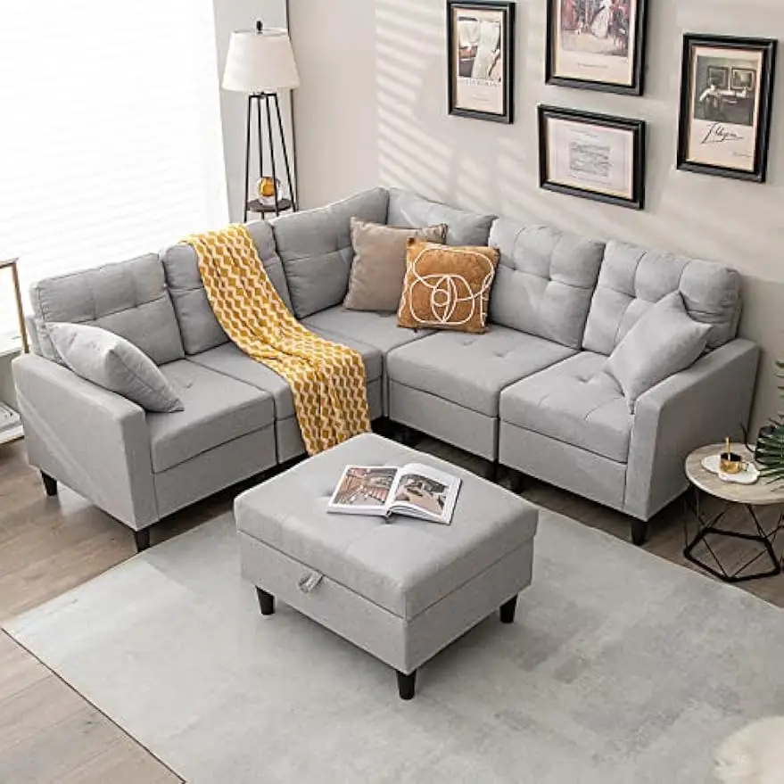 

Modular Sectional Sofa Couch, Reversible L-Shaped Corner Sofa Set with Ottoman, Faux Linen Fabric, 2 Removable Pillows