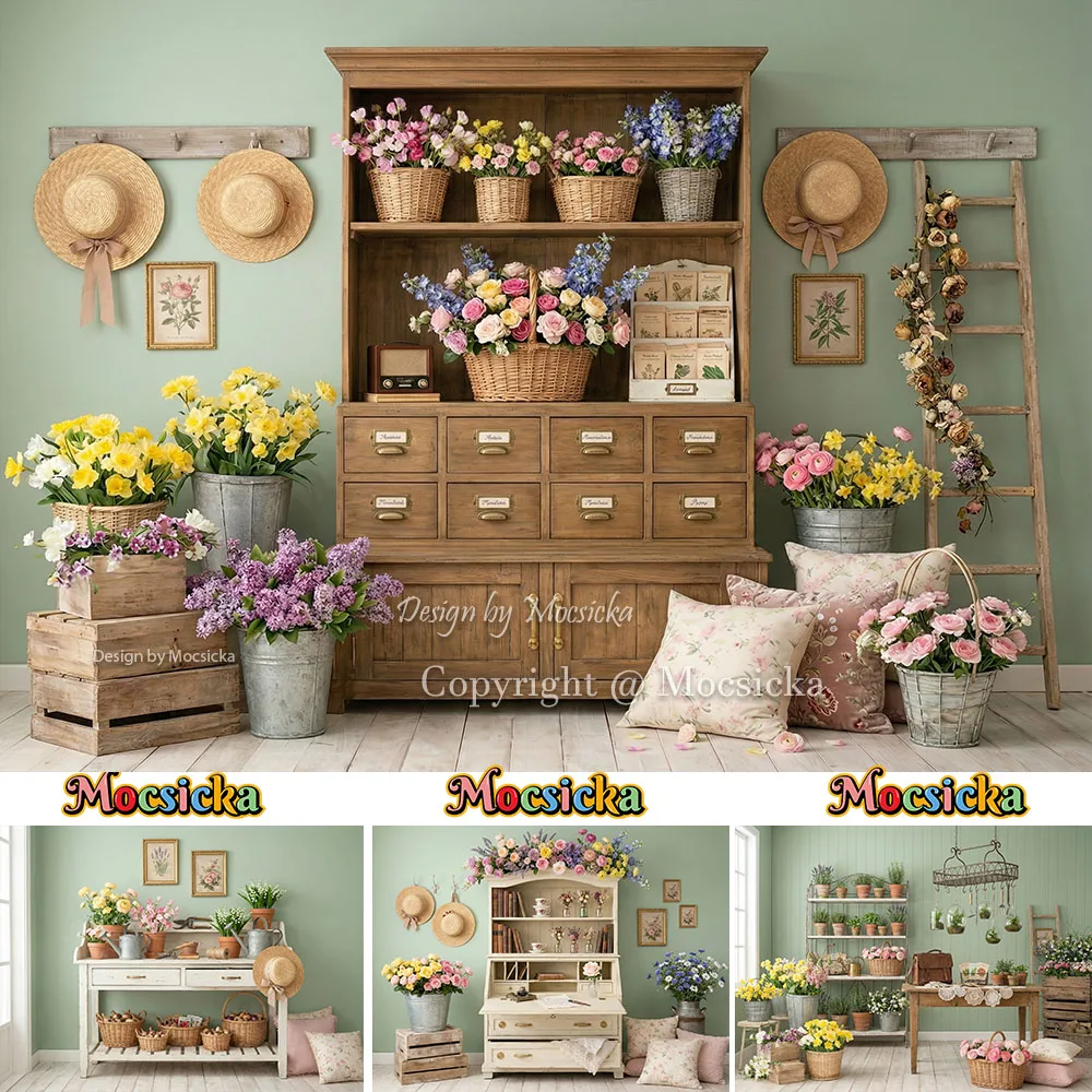 Mocsicka Backdrop Photography Spring Flower Shop Rustic Floral Cottage Photography Background Baby Shower Birthday Wedding Photo