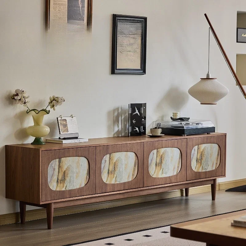 Medieval style all solid wood teak color TV cabinet living room home walnut floor TV cabinet retro furniture combination