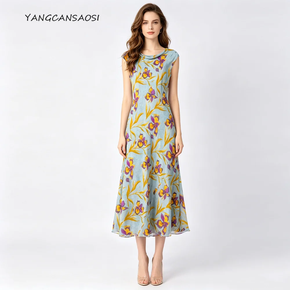 French Floral Blend Style Slant Cut 100% Natural Mulberry Silk Crepe De Chine Draped Neckline Slim Extended Party Dress