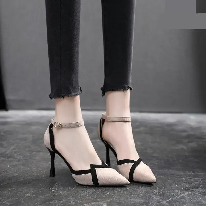 30-44 Pointed Stiletto Heels Small Size 31 32 33 Buckle Color Matching Women\'s Shoes Summer Sandals