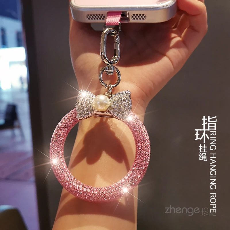 

Pearl Butterfly Knot Net Bag Water Diamond Mobile Phone Chain Solid Female Premium Outdoor Anti Loss Ring Pendant