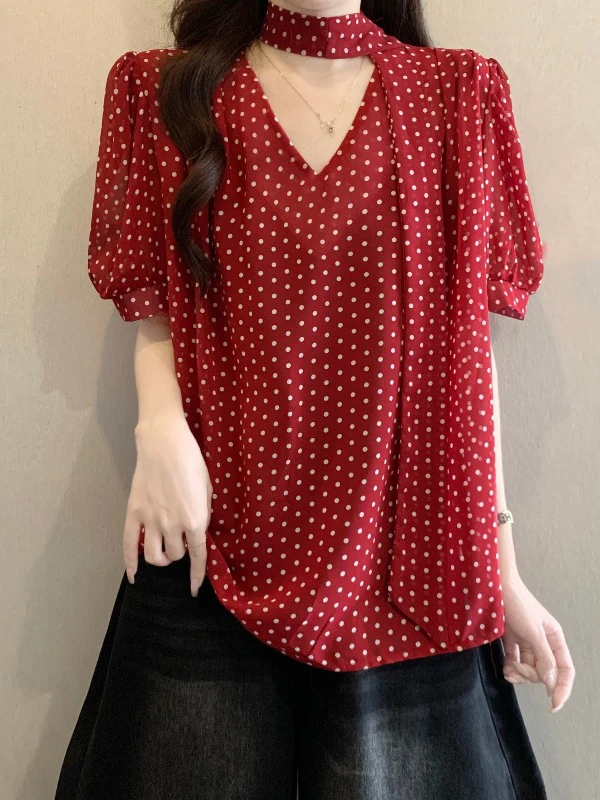 

Red Polka Dot V-Neck Short Sleeve Shirt Women's Summer New Style Large Size Fashionable Top with Sash Korean Style Commute