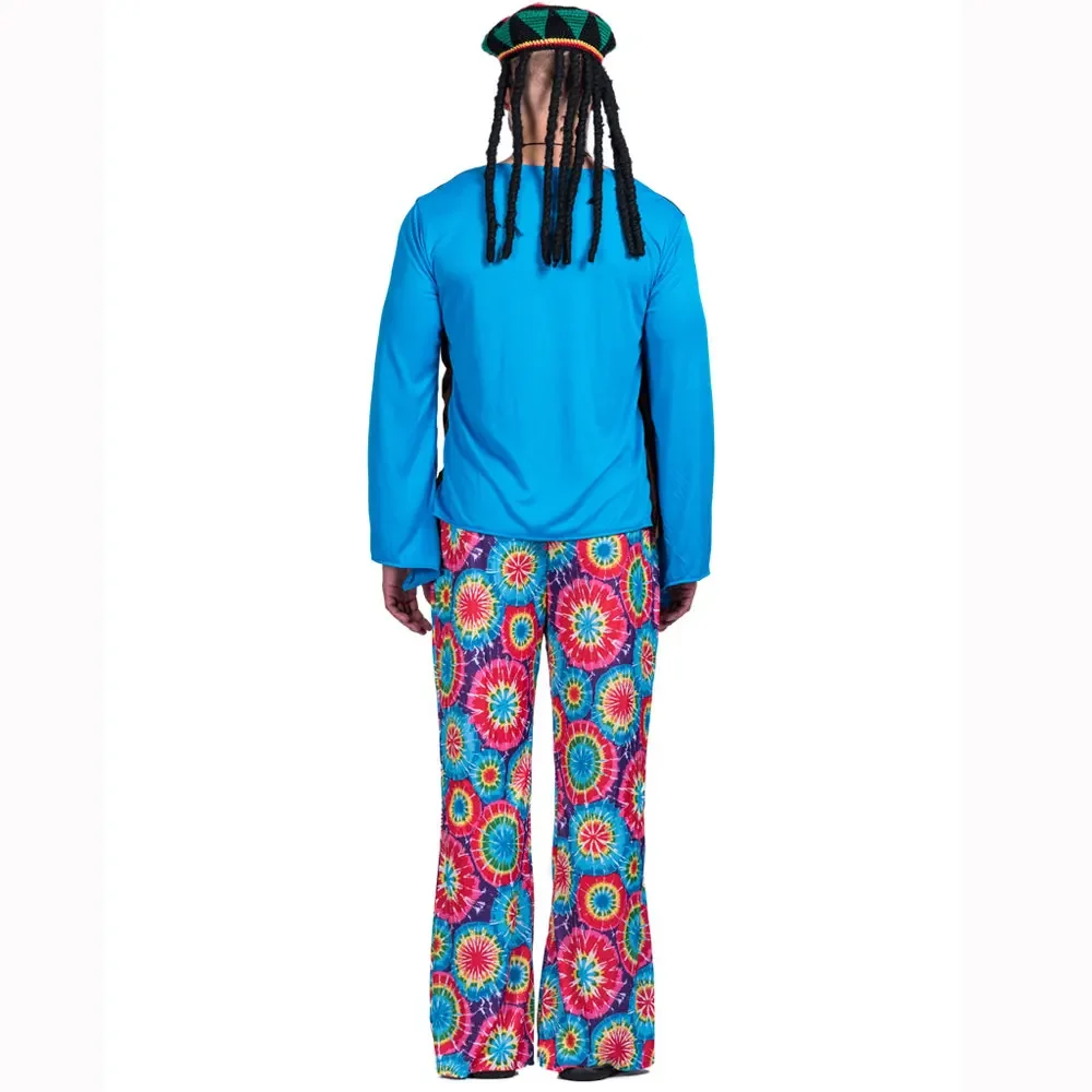 2025 Disfraz de Halloween para hombre, Ensemble Pantalon, Chemise, Frange, Cadre en Verre, Collier, Chapeau Rasta, Rastas
