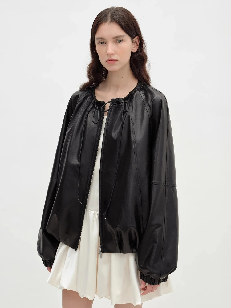 Drawstring O-neck Genuine Leather Jackets for Women Spring Autumn 2025 New High-end Solid Simple Soft Short Real Sheepskin Coat