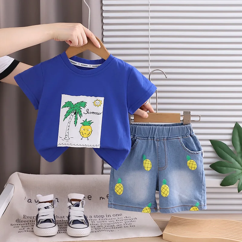 Summer Toddler Boys Outfit Set 2026 New Boys Girls Pineapple Print Short Sleeve T-shirt and Denim Shorts Two Piece Kids Clothes