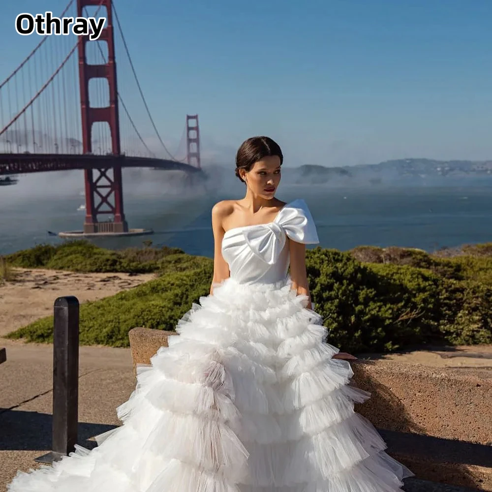 Othray One Initiated Bow Satin Slit A-Line Robes de mariée pour femmes, poignées amovibles, train en tulle à plusieurs niveaux, robes de mariée, quelle que soit la robe de mariée