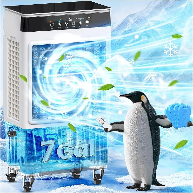 Climatizador Swamp Cooler con protección contra quemaduras en seco, enfriador de aire evaporativo 4 en 1 con depósito de agua de 7 galones, 4 modos, 3 velocidades, R