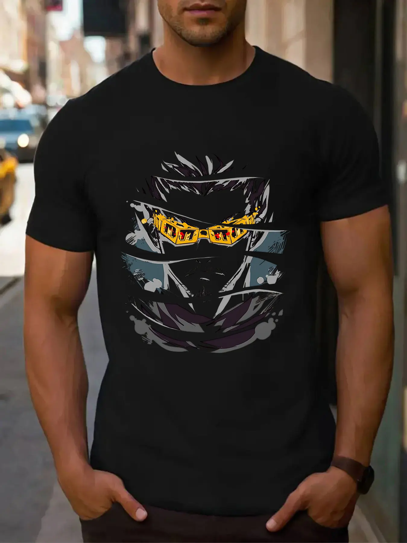 Men's Cotton T-shirt Anime Character Split Print Streetwear Casual Crew Neck Tee for Daily Wear