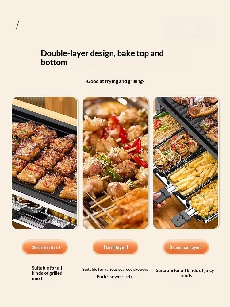 FIRST Double Layer Stainless Steel Ceramic Enamel Electric Grill Smokeless Griddle 3-Ring Heating Non-Stick Surface for Grilling