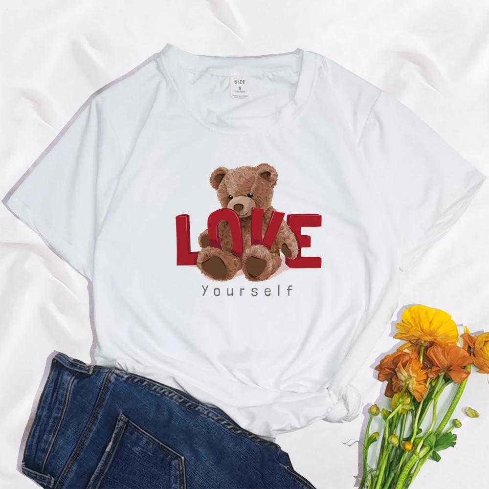 Love Yourself Bear-Camiseta con estampado Harajuku para mujer, blusa informal básica con cuello redondo, camisa blanca de manga corta