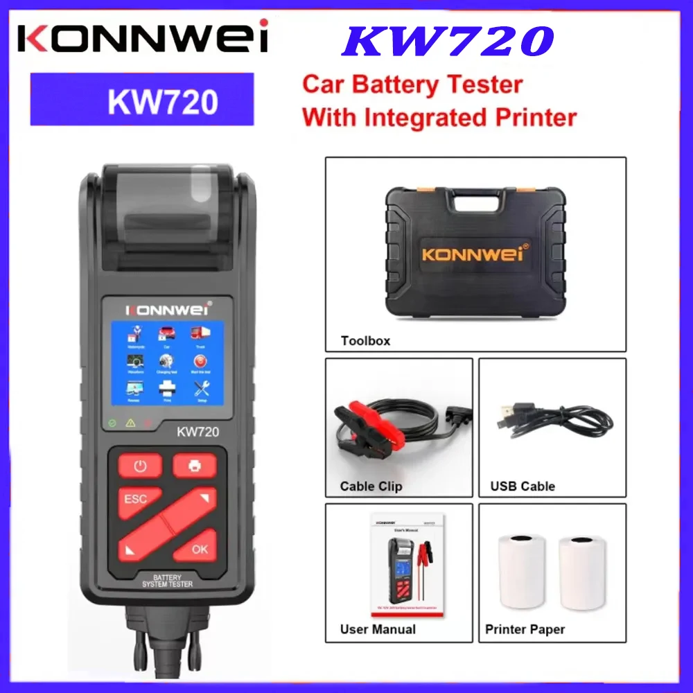 KONNWEI KW720 6V /12V /24V Battery Tester Analyzer Charging Cranking Test Tool for Motorcycle Car Truck with Integrated Printer