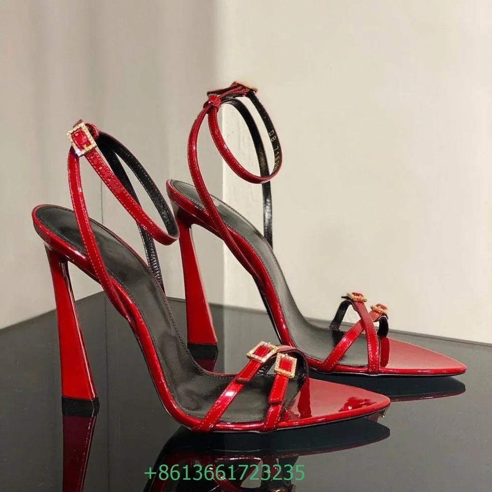 

Cross strap square buckle sandals Women pointed toe open toe Red Shiny Sexy Stiletto Heels Patent Leather Ankle Strap Sandals