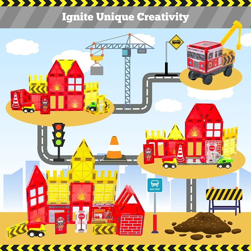 Telhas magnéticas com tema de combate a incêndios, com caminhão de bombeiros e estação, telhas magnéticas de construção, brinquedos de construção para crianças, brinquedos de aprendizagem